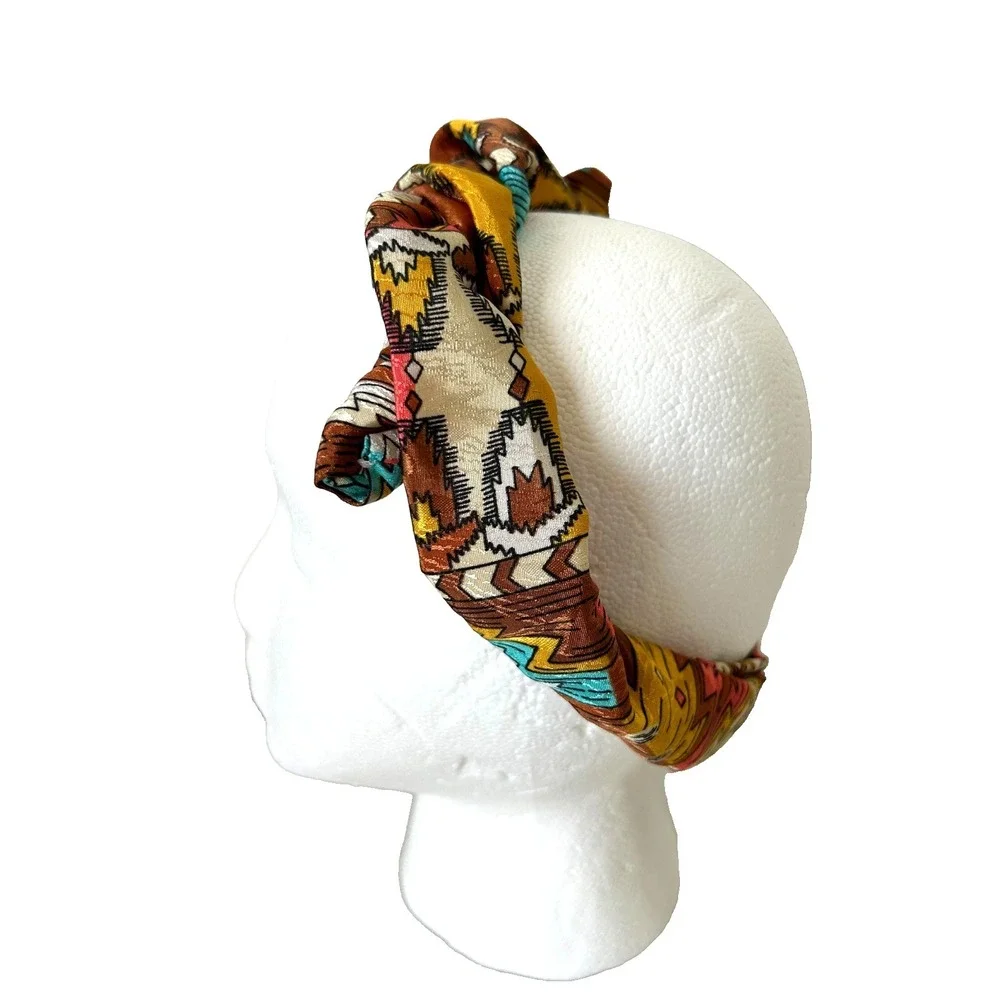 Vintage 1970s 1980s Aztec Geometric Wired Headband Hair Wrap Boho Indie EUC